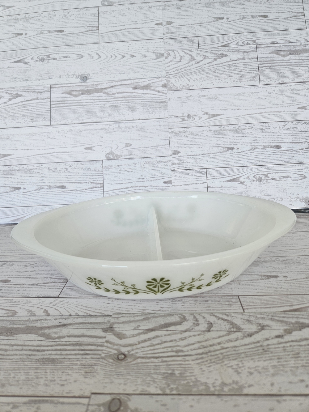 Vintage White Divided Serving Dish with Green Floral Pattern